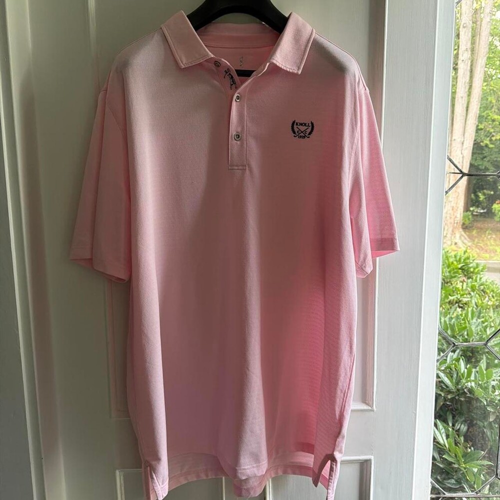 Pink polo golf shirt with subtle vertical stripes #polo #stripes